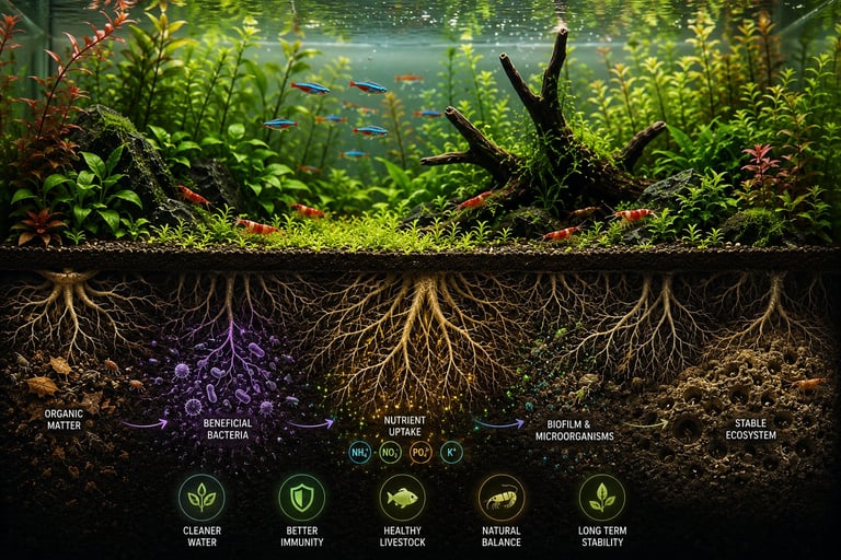 Cross-section view of a planted aquarium showing extensive root systems, beneficial bacteria, microorganisms, and biological activity beneath the substrate supporting a healthy and stable aquarium ecosystem.