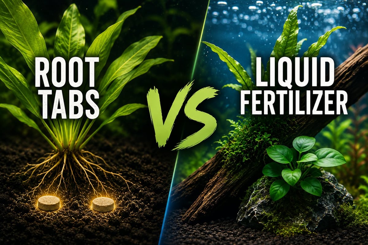 Side-by-side comparison of root tabs and liquid fertilizer for aquarium plants, showing root-feeding plants in substrate versus water-column-feeding plants attached to driftwood.