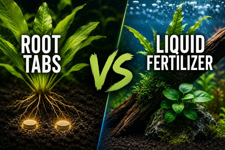 Side-by-side comparison of root tabs and liquid fertilizer for aquarium plants, showing root-feeding plants in substrate versus water-column-feeding plants