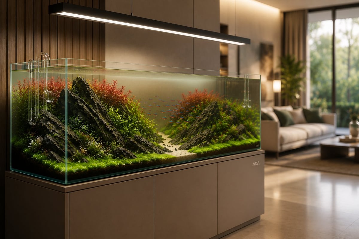 Premium ADA-style rimless planted aquarium featuring a synchronized school of small Cardinal Tetras swimming through a lush Nature Aquarium aquascape. The aquarium includes natural stone hardscape, vibrant green and red aquatic plants, authentic glass ADA lily pipes, a suspended designer LED light, and a custom ADA cabinet, all set within a softly blurred luxury living room.