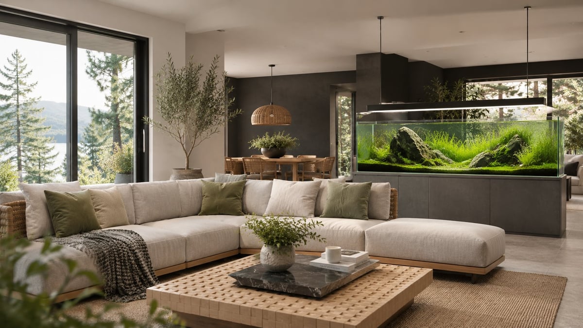 Contemporary biophilic living room featuring an ADA-inspired rimless planted aquarium on a custom cabinet, surrounded by lush indoor greenery, charcoal accent walls, natural wood furniture, and minimalist Pacific Northwest interior design.