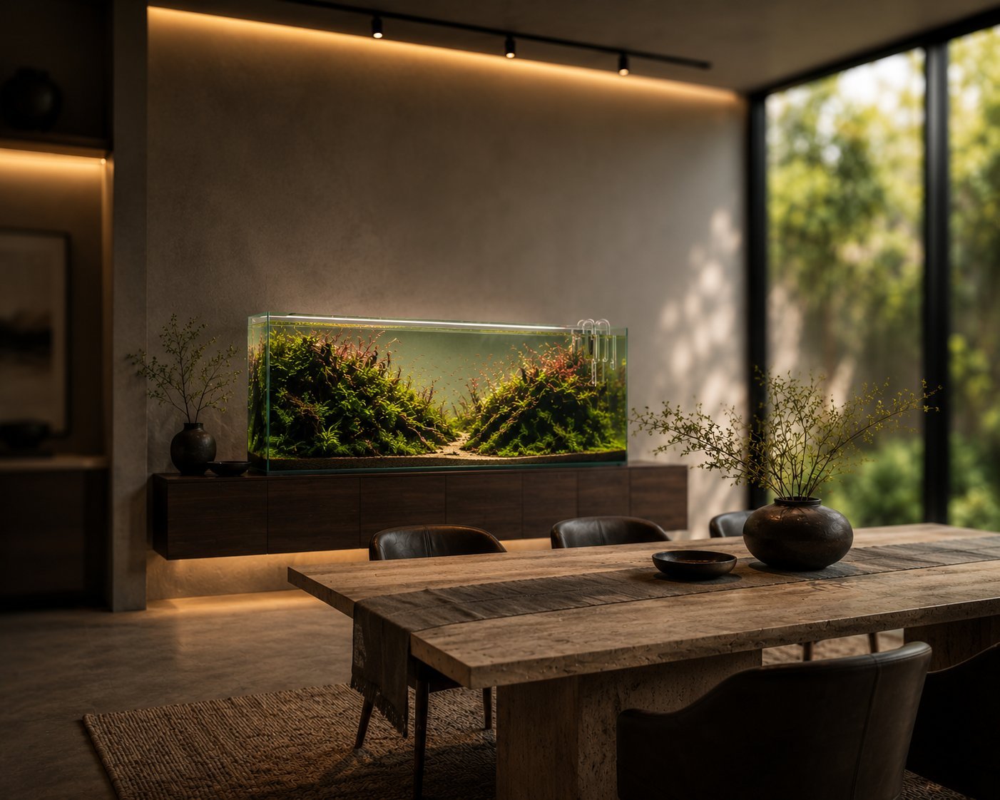 Modern minimalist office with wooden desk, black chairs, and illuminated aquarium with green plants against white walls and large windows