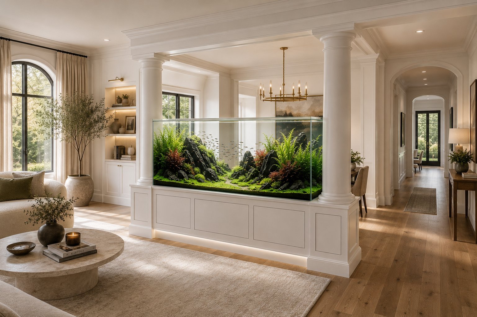 Luxury entryway with built-in white aquarium featuring lush aquatic plants, arched doorways, and hardwood floors in a modern home interior