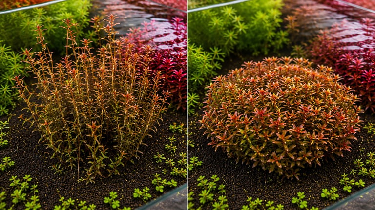 Side-by-side comparison of the same Rotala stem group before trimming and several weeks after trimming, showing how regular maintenance encourages branching and creates a dense, sculpted Dutch aquascape bush.