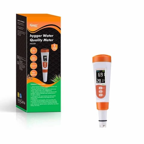 Hygger Water Quality Meter HG239 with packaging box and digital display showing measurements
