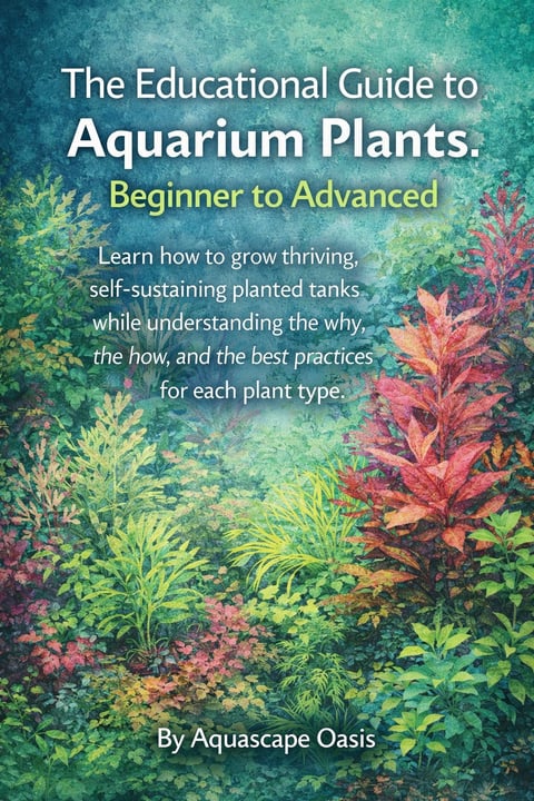 eBook cover of Aquarium Plant Care Guide by Aquascape Oasis - colorful aquatic plants in green and pink tones with underwater plant illustrations