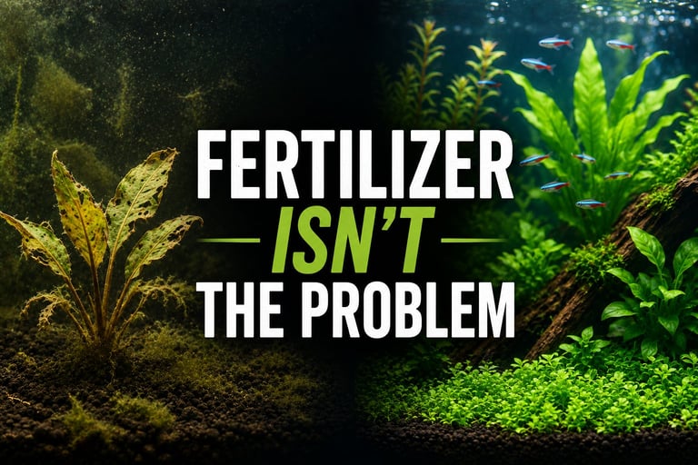 Split comparison of unhealthy and healthy aquarium plants illustrating that fertilizer alone isn't the solution to plant growth problems in a planted aquarium.