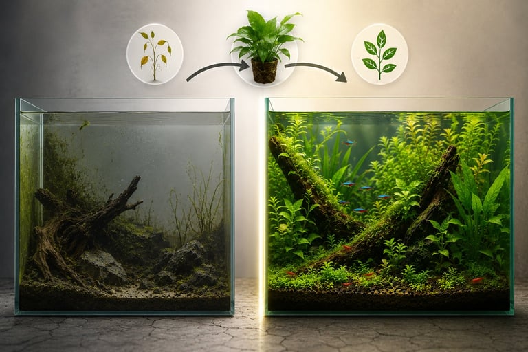 Comparison of two freshwater aquariums, one sparsely planted and struggling and the other densely planted with lush aquatic vegetation, healthy fish, and cherry shrimp, illustrating how increased plant mass contributes to a healthier and more stable aquarium ecosystem.