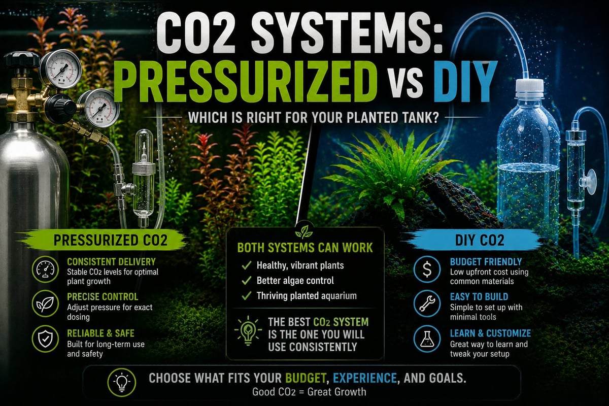 Infographic comparing CO2 systems for planted tanks: pressurized vs DIY methods with benefits and features for each approach