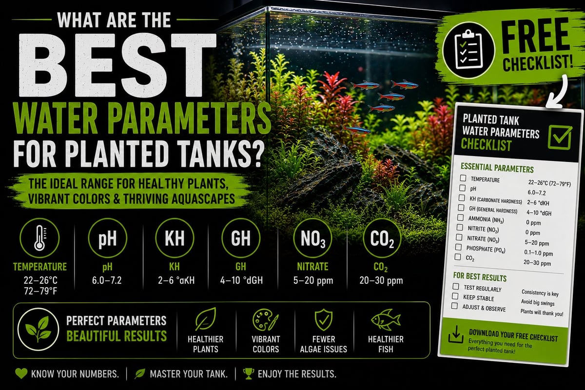 Infographic showing best water parameters for planted aquarium tanks with ideal ranges for temperature, pH, KH, GH, nitrate and CO2, plus a free downloadable checklist