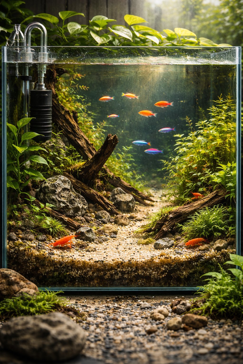 Well-planted aquarium with orange and blue fish, driftwood, green aquatic plants, gravel substrate, and filter system
