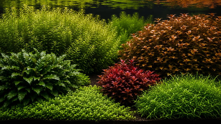 Mature Dutch aquascape using a limited selection of plants arranged in large green, bronze, and red groups, demonstrating how fewer species can create a more cohesive composition.