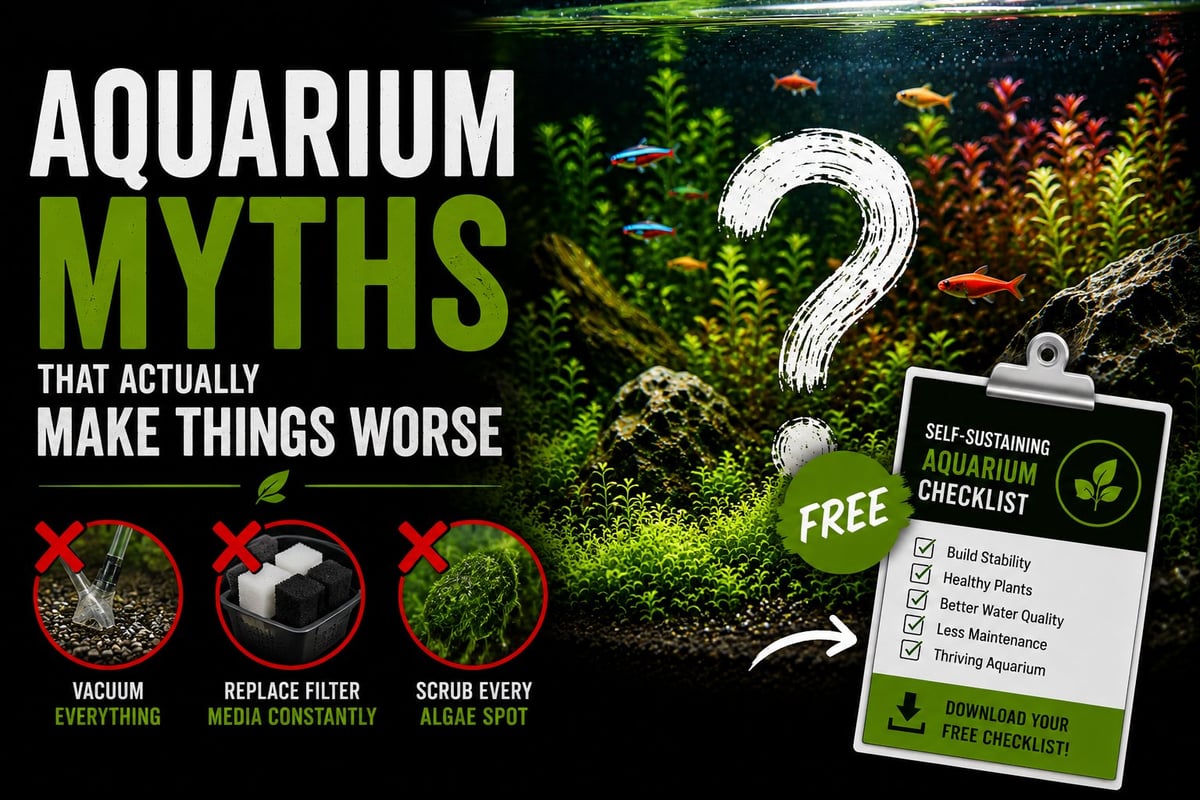 Aquarium myths that can make aquarium maintenance harder, featuring a planted tank and free self-sustaining aquarium checklist
