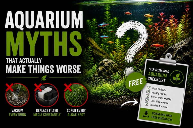 Aquarium myths that can make aquarium maintenance harder, featuring a planted tank and free self-sustaining aquarium checklist