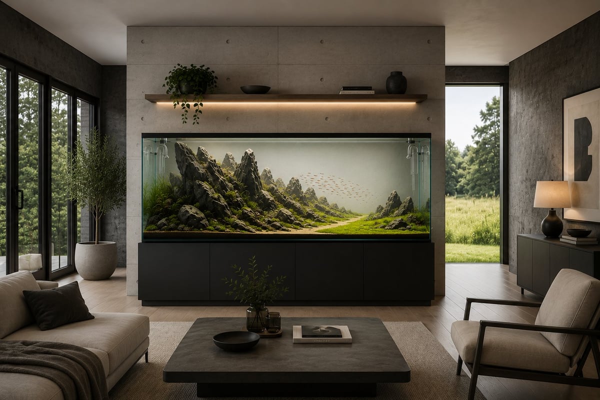 Modern living room with large built-in aquarium featuring a forested landscape scene, flanked by floor-to-ceiling windows, comfortable seating, and contemporary furnishings.