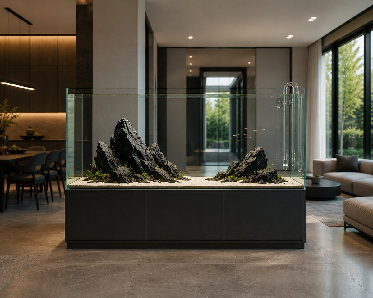 Large rimless aquarium on a custom cabinet in a modern luxury home, featuring a minimalist Iwagumi-inspired aquascape with dramatic stone formations, abundant negative space, fine white sand, sparse premium aquatic plants, and ADA glass lily pipes.
