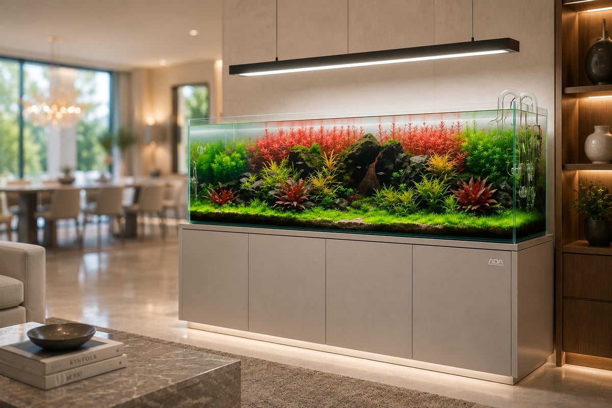 Luxury ADA-style rimless planted aquarium illuminated by a premium suspended LED light in a modern designer living room. The aquascape features lush green and red aquatic plants, natural stone hardscape, authentic glass ADA lily pipes, and a custom ADA cabinet. The softly blurred interior and layered architectural lighting emphasize the aquarium as the room's focal point.