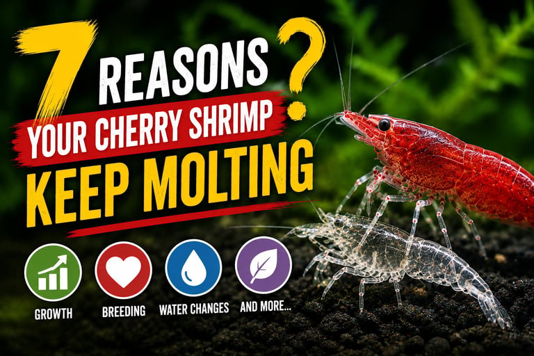 Red cherry shrimp next to a transparent shed exoskeleton on moss in a planted aquarium illustrating normal cherry shrimp molting behavior