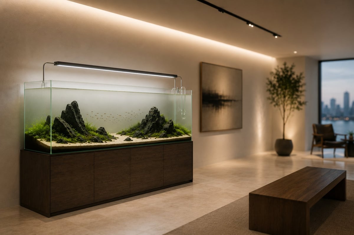 Minimalist luxury living room featuring a custom rimless planted aquarium with an Iwagumi aquascape, open sand foreground, negative space, and a custom walnut cabinet that demonstrates elegant biophilic design.