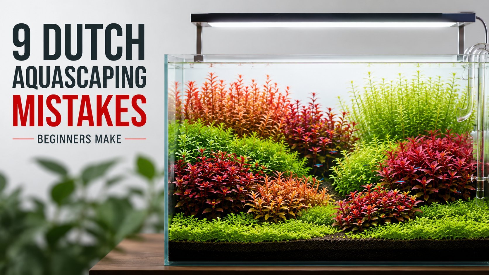 A Dutch aquascape highlighting common beginner mistakes including too many plant species, poor height transitions, missing plant streets, overusing red plants, weak focal points, planting single stems, and inconsistent trimming.