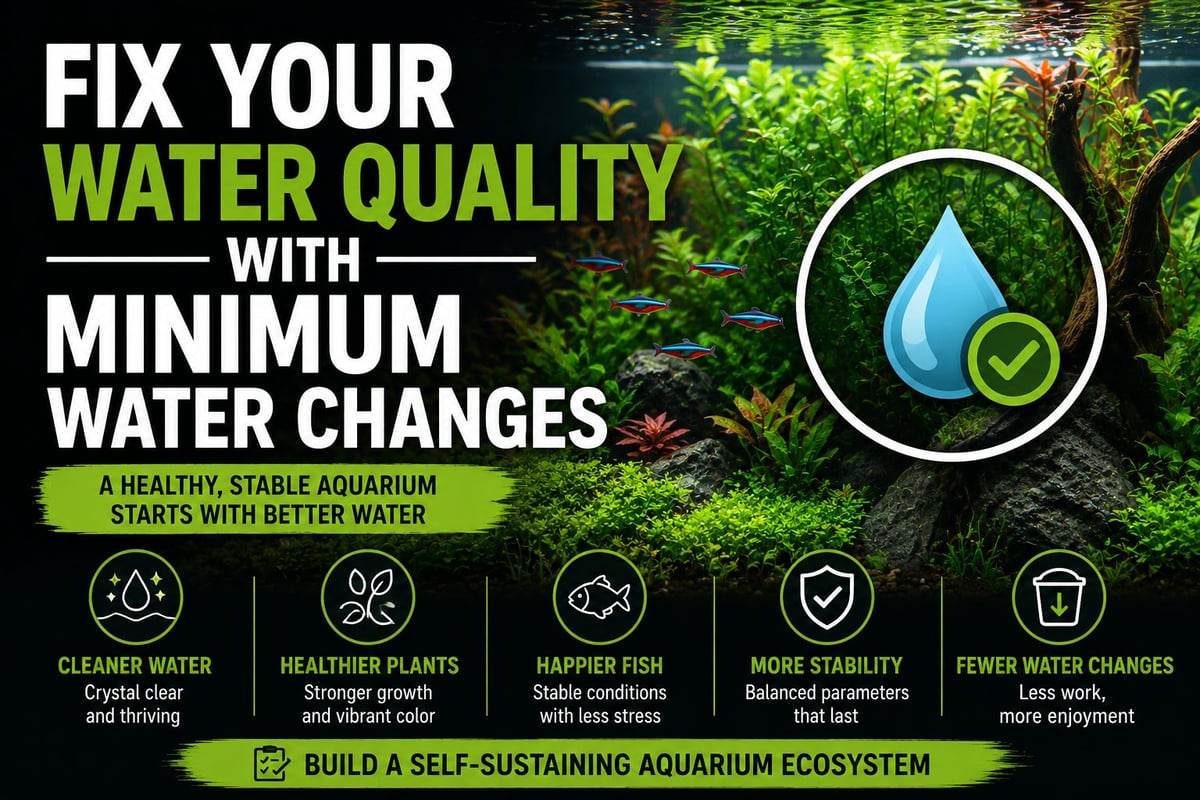 Infographic about aquarium water quality showing benefits of minimum water changes with icons for cleaner water, healthier plants, happier fish, stability, and fewer changes needed.