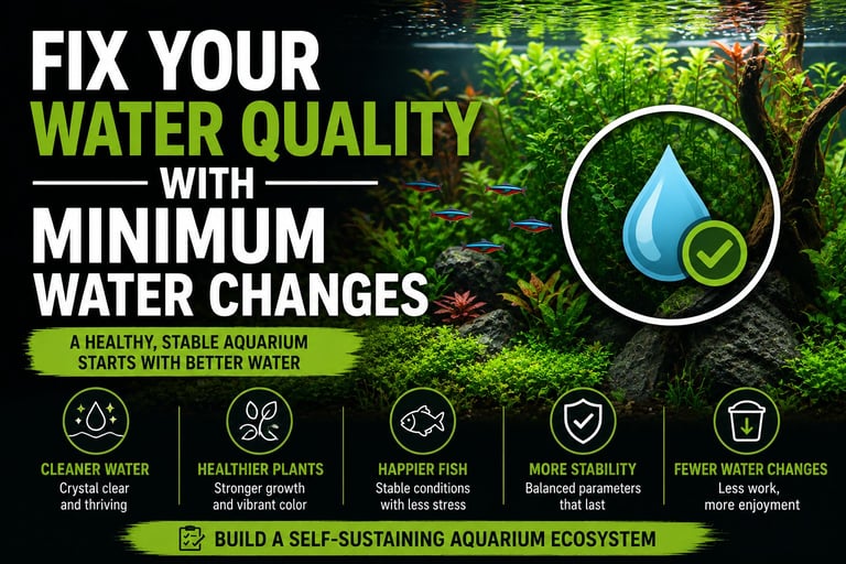 Infographic about aquarium water quality showing benefits of minimum water changes