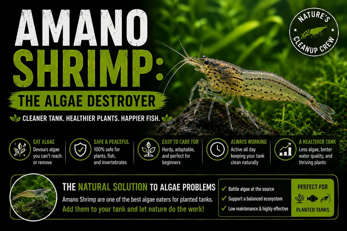 Amano shrimp infographic showing features as an algae destroyer, with icons highlighting benefits for tank cleaning and plant health