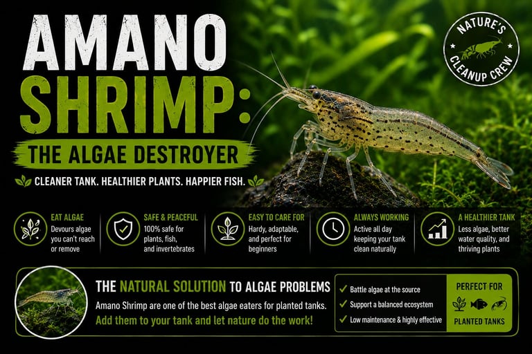 Amano shrimp infographic showing features as an algae destroyer