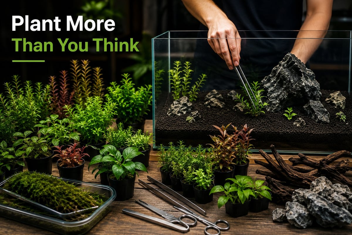 Aquascaping workspace with dozens of healthy aquarium plants surrounding a new planted aquarium, illustrating that heavily planted tanks are more stable and successful than sparsely planted aquariums.