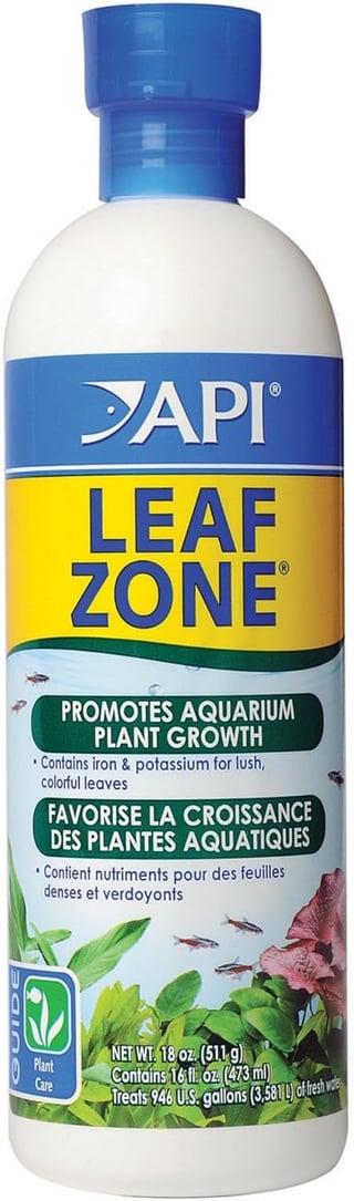 API Leaf Zone aquarium plant supplement bottle with blue cap, 16 fl oz, promotes lush plant growth
