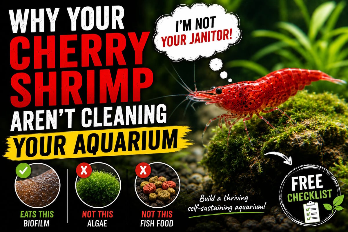 Infographic explaining why cherry shrimp dont clean aquariums, showing biofilm, algae, and fish food they dont eat, with a Free Checklist offer