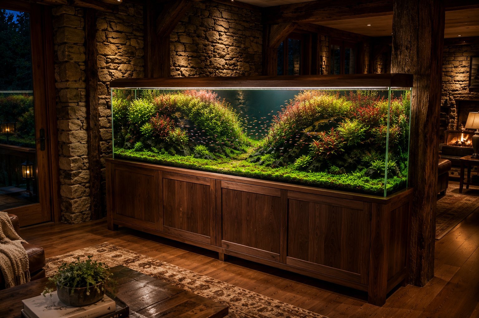 Large aquarium with lush aquatic plants and natural lighting in a modern home interior with stone walls
