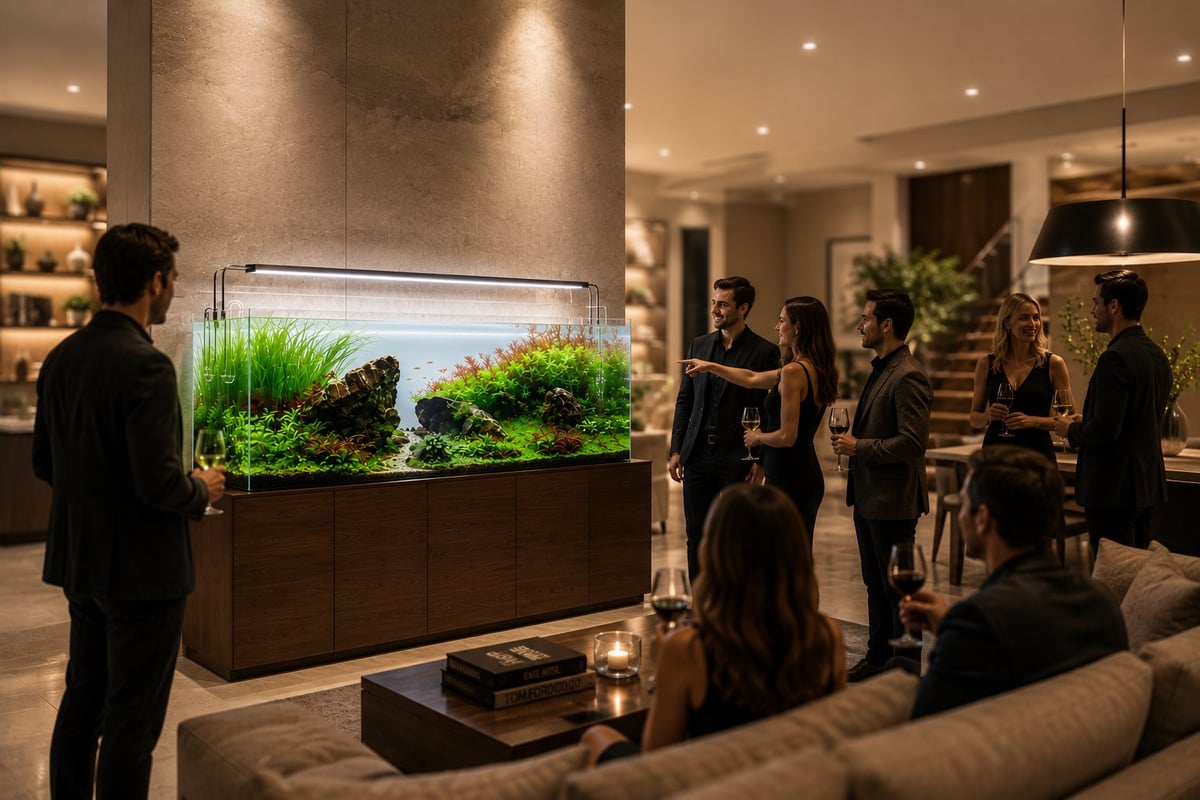 Modern living room with people gathered around a large aquarium featuring aquatic plants and fish in a contemporary home setting