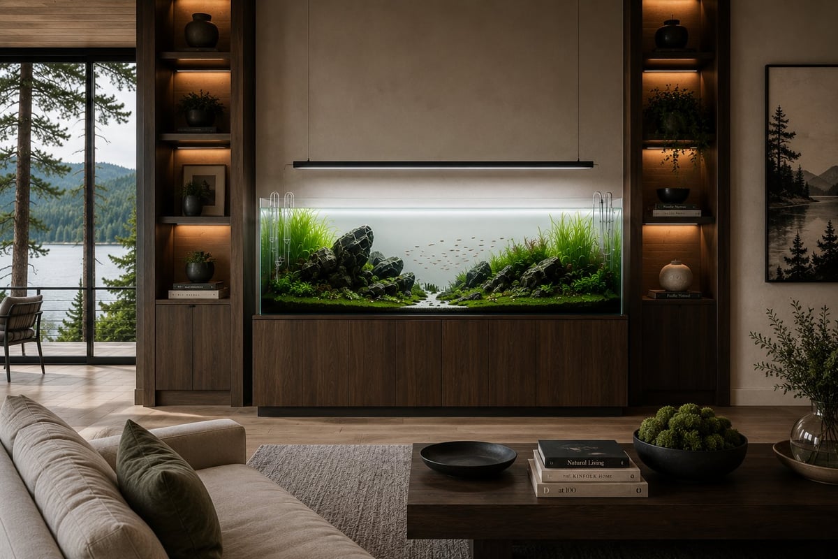 Modern luxury freshwater aquarium with a minimalist Iwagumi aquascape, custom walnut cabinetry, rimless glass aquarium, and premium LED lighting in a Coeur d'Alene lake house overlooking the water.