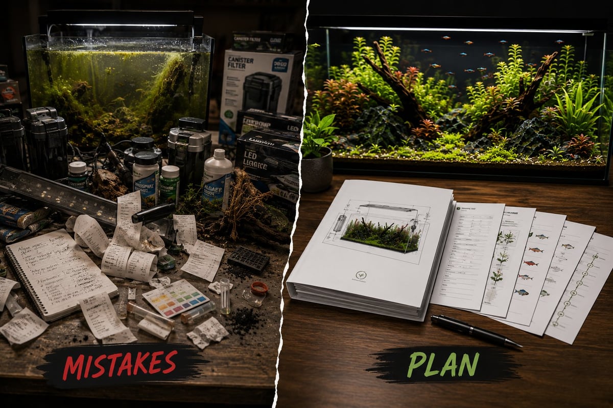 Split comparison showing a cluttered aquarium setup with unused equipment, receipts, and tank problems beside a clean custom aquarium design package and thriving planted aquarium, illustrating the difference between trial-and-error and proper planning.