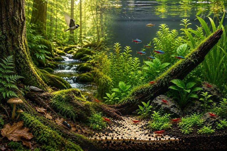 Cinematic image blending a lush forest ecosystem with a planted freshwater aquarium, featuring moss-covered logs, a stream, realistic fish, cherry shrimp, aquatic plants, and natural hardscape to illustrate that an aquarium functions as a living ecosystem.
