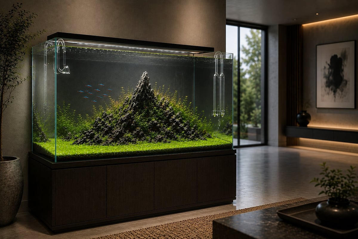 Modern aquascaped aquarium with lush green plants and mountain-like formation, illuminated lighting, set in contemporary interior space