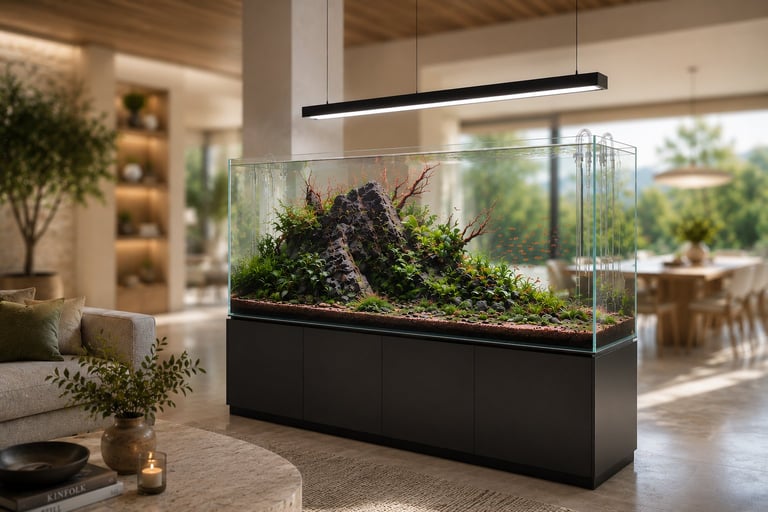 Modern aquascape aquarium with black frame and LED lighting in contemporary interior space with wooden accents