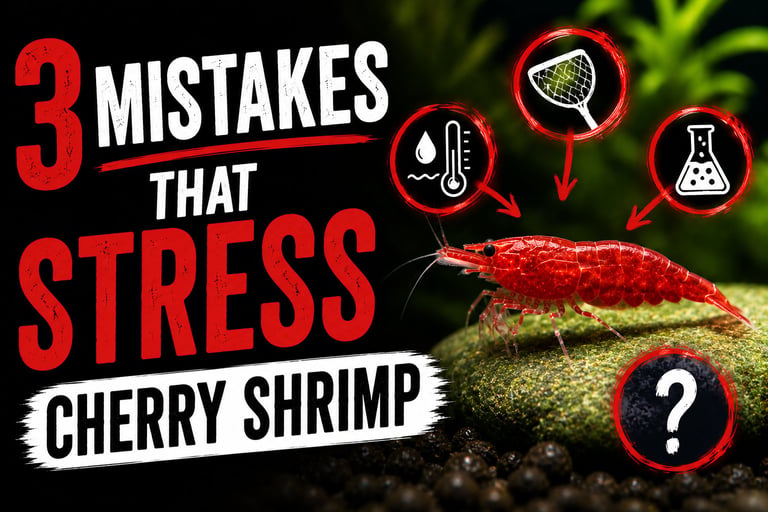 Red cherry shrimp in a planted aquarium illustrating common causes of stress in shrimp tanks