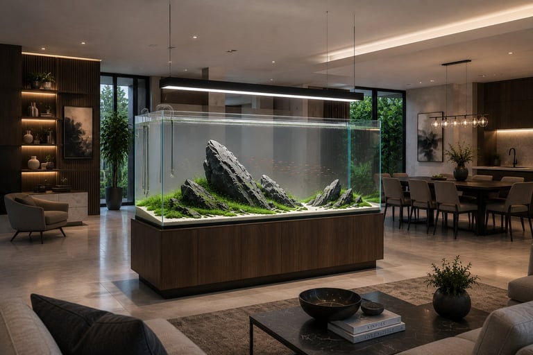 Luxury open-concept home featuring a freestanding ADA-style rimless aquarium as the centerpiece of the room. The aquarium showcases a minimalist Iwagumi aquascape with authentic Seiryu stone, lush carpeting plants, nearly invisible ADA glass lily pipes, suspended designer LED lighting, and a custom walnut cabinet integrated into the home's architecture.