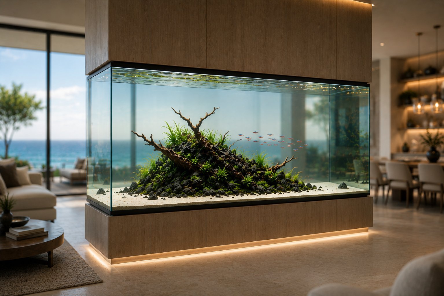 Modern aquarium with driftwood and aquatic plants in a luxury coastal home with ocean view and elegant interior design