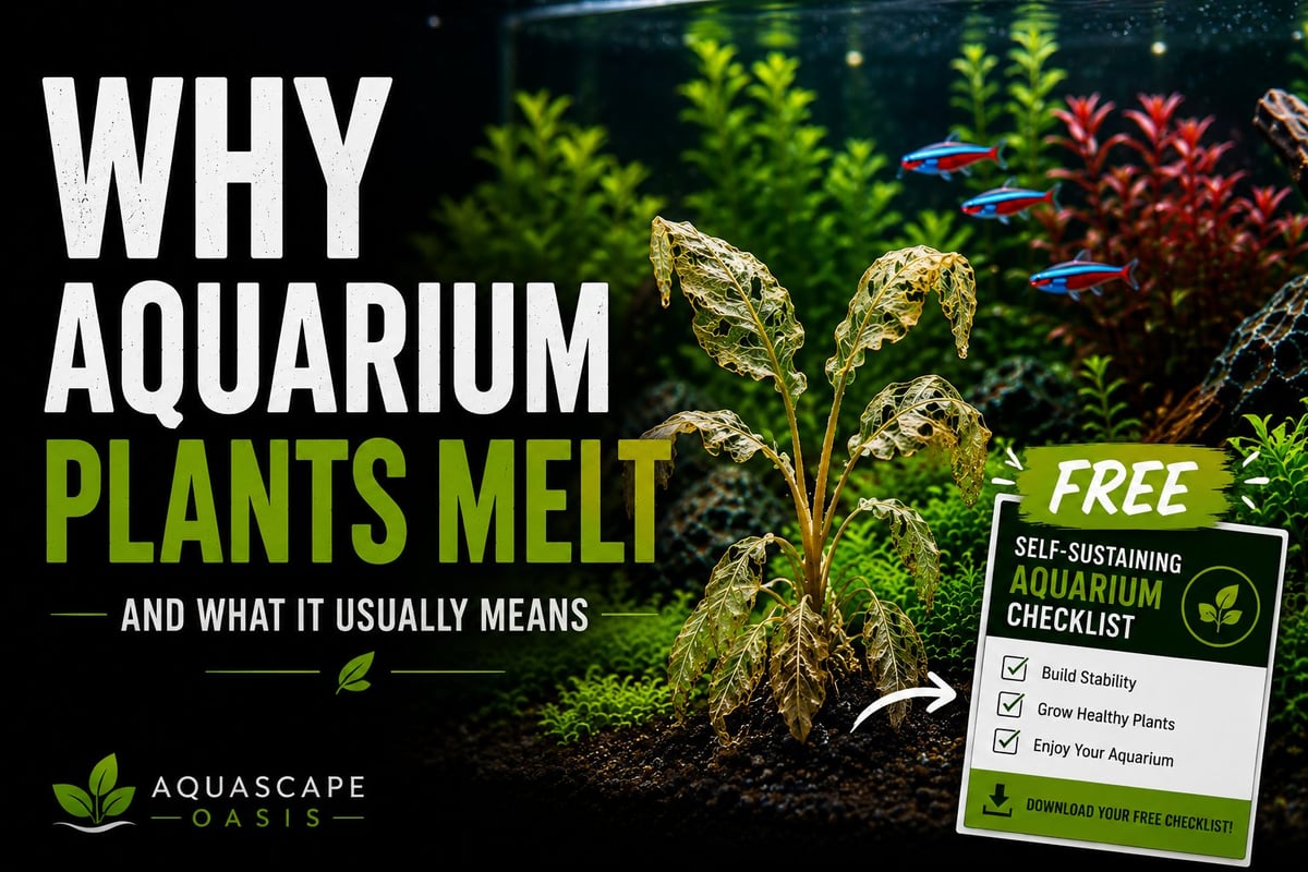 Aquarium setup with green and red plants displaying text about why aquarium plants melt, with a free self-sustaining checklist promotion