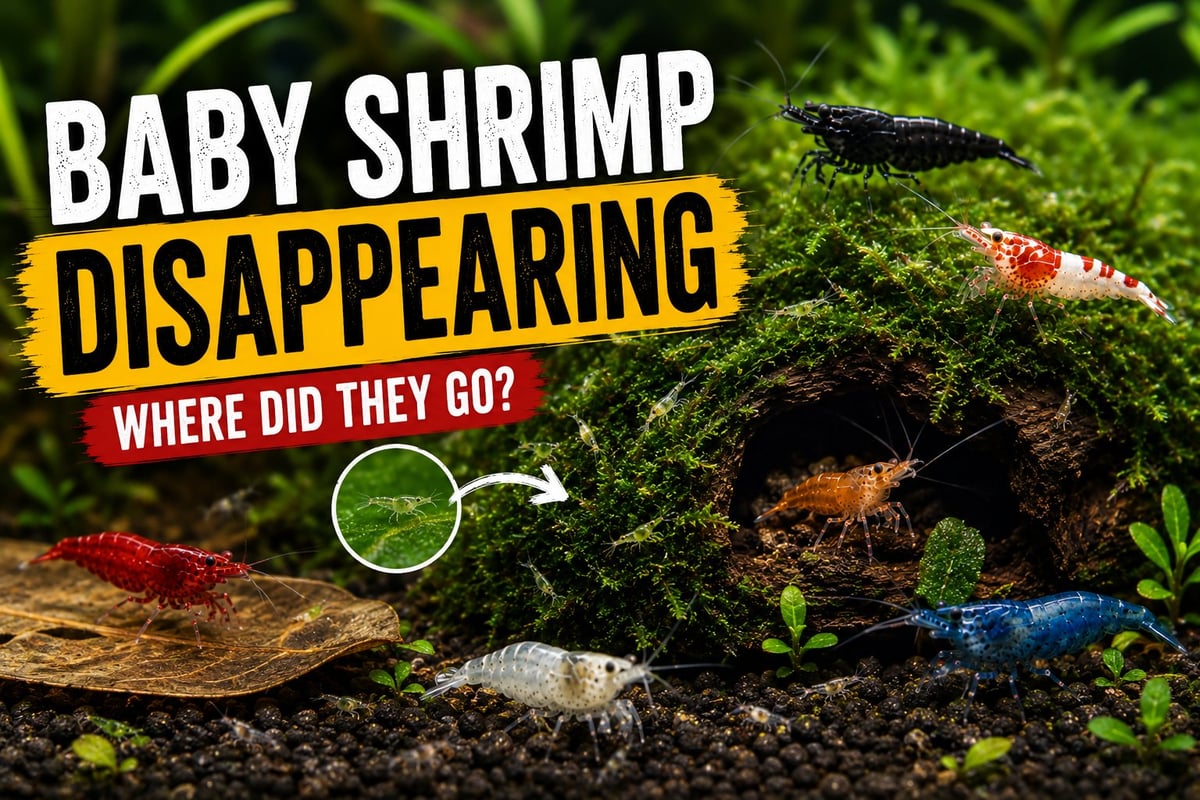 Baby cherry shrimp hiding in moss alongside Black Rose, Red Rili, Snowball, Blue Dream, and Cherry Neocaridina shrimp in a planted aquarium