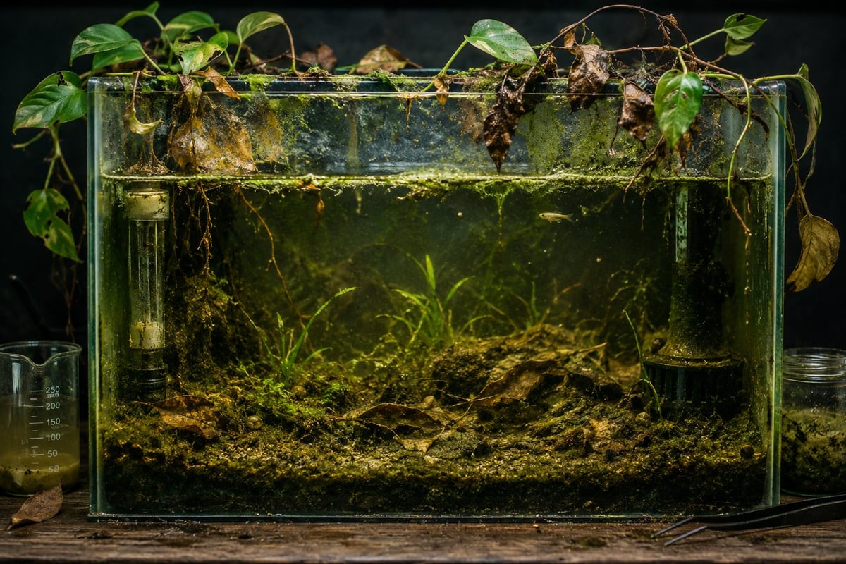 Aquarium with aquatic plants and substrate under dark lighting, moss-covered top rim with green foliage sprouting above