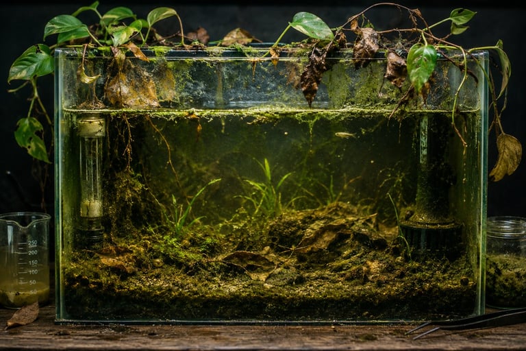 Aquarium with aquatic plants and substrate under dark lighting, moss-covered top rim with green foliage sprouting above