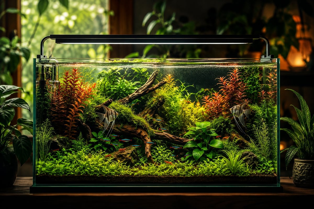 Low maintenance planted aquarium in a living room with lush aquatic plants, driftwood, and healthy fish in a natural ecosystem