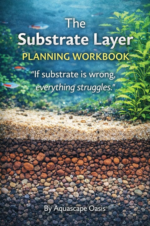 Cover of The Substrate Layer Planning Workbook by Aquascape Oasis, showing aquarium substrate layers with aquatic plants and fish
