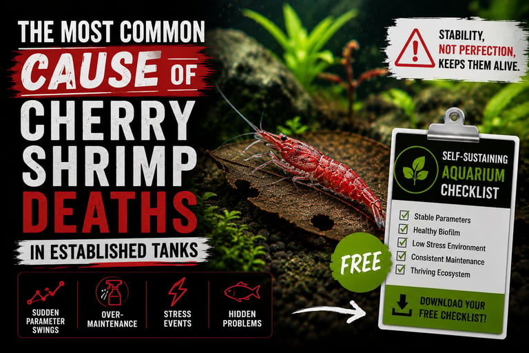 Red cherry shrimp in a planted aquarium illustrating common causes of cherry shrimp deaths