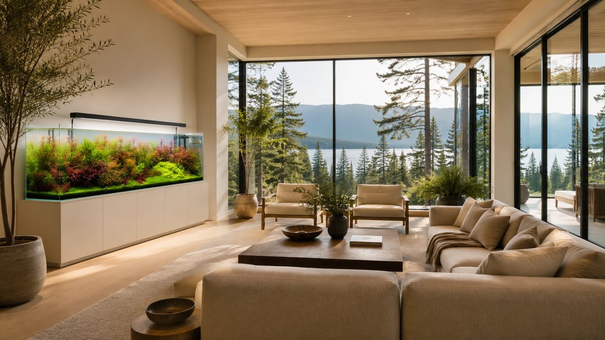Modern living room with beige furniture, floor-to-ceiling windows overlooking mountain lake, and indoor plant features