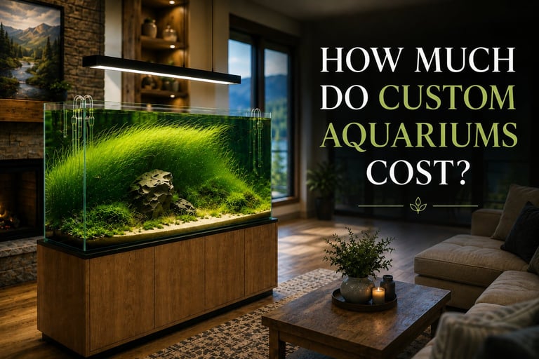 Luxurious modern living room with custom aquarium featuring lush aquatic plants, displaying text How Much Do Custom Aquariums Cost?